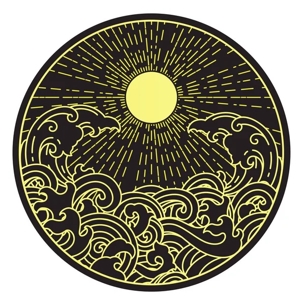 Sol Con Ola Agua Elemento Diseño Decorativo Oriental Eclipse Luna — Vector de stock