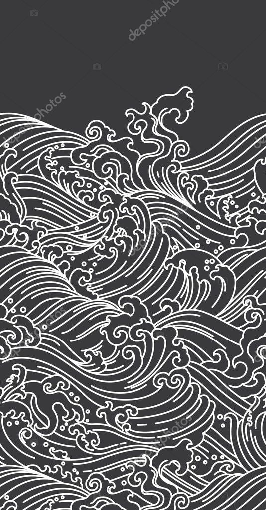Oriental ocean wave white line. Seamless wallpapaer pattern.