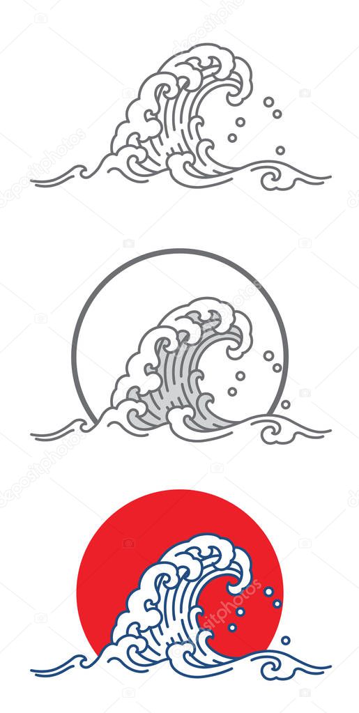 Water wave and big red sun illustration. Japanese style.
