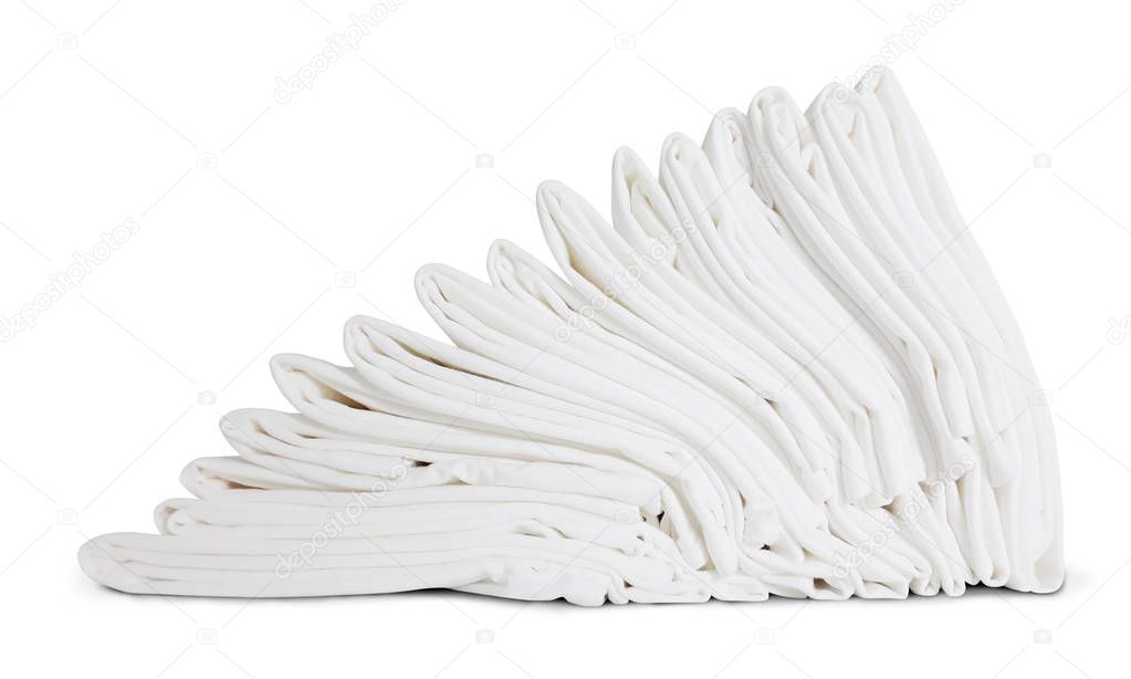Stack of white folded t-shirts display on white background. Clipping path