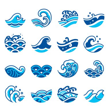 Okyanus dalga simgesi vektör seti. Logo, sörf sporları, dövme için modern ve geleneksel deniz dalgası tarzı.