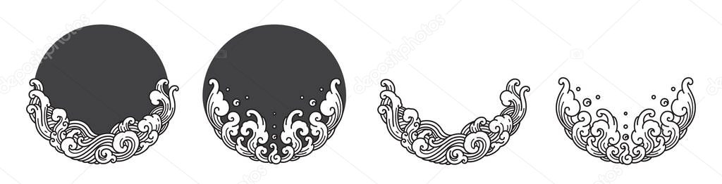 Oriental water ornate line vector isolated on gray and non background. Design in round circle shape.