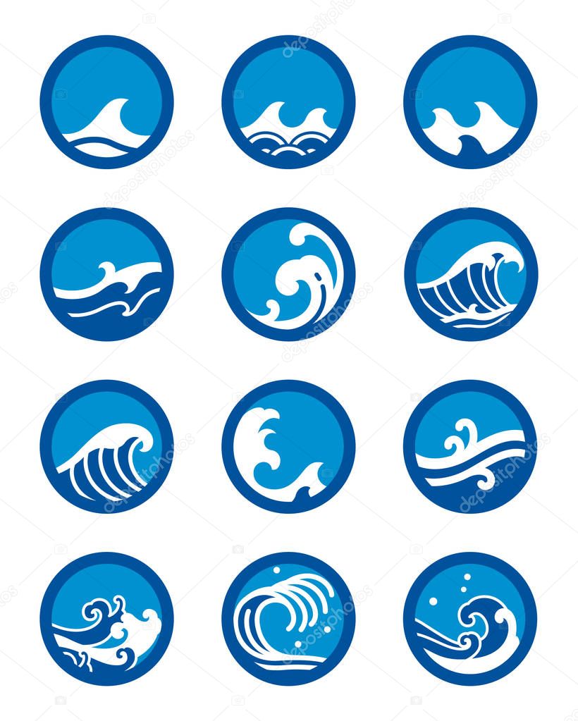 Ocean wave icon set. Modern and traditional sea wave style for logo, surf sports, tattoo. - Vector. Minimal style in circle shape.