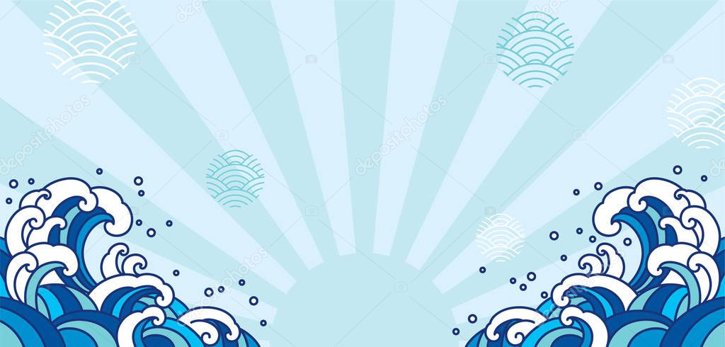 Blue orient wave illustration. Japan wave isolated on light blue shine and wave bubble. - Vector.