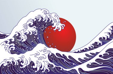 Traditional Japan wave, big red sun illustration. Japan flag des clipart