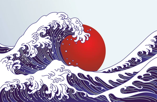 전통적인 일본 파도, 큰 붉은 태양 그림. 일본 국기 데 — 스톡 벡터
