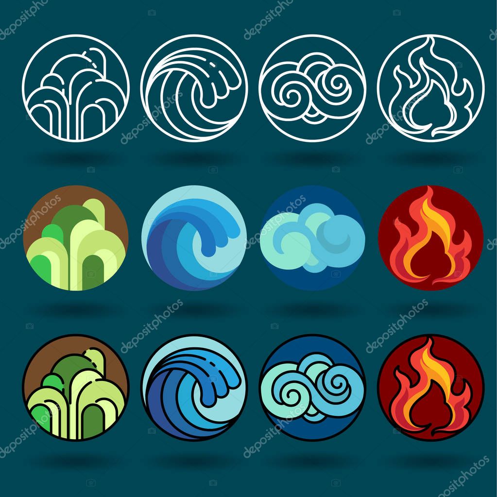 Four element icon set vector and illustration.Flat and line art styles - Vector