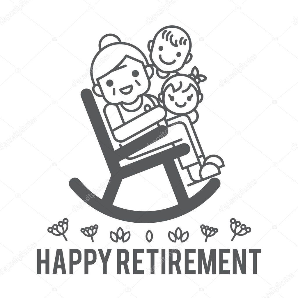 Happy retirement vector illustration. A grandmother sitting on rocking chair with boy and girl. Flat design.