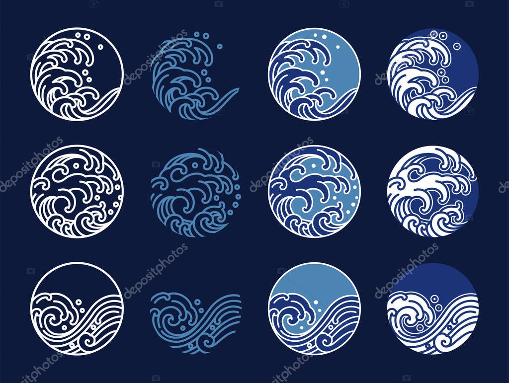 Water and ocean wave line art logo vector illustration. Oriental style graphic design.