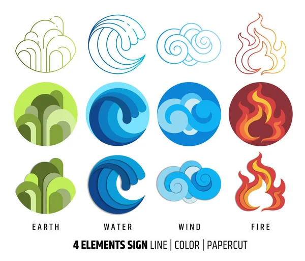 Icono Cuatro Elementos Arte Línea Plano Diseño Corte Papel Con — Archivo Imágenes Vectoriales
