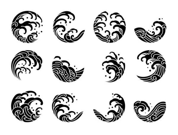Ensemble Illustration Vectorielle Style Silhouette Orientale Tatouage Vague Eau Japonaise — Image vectorielle