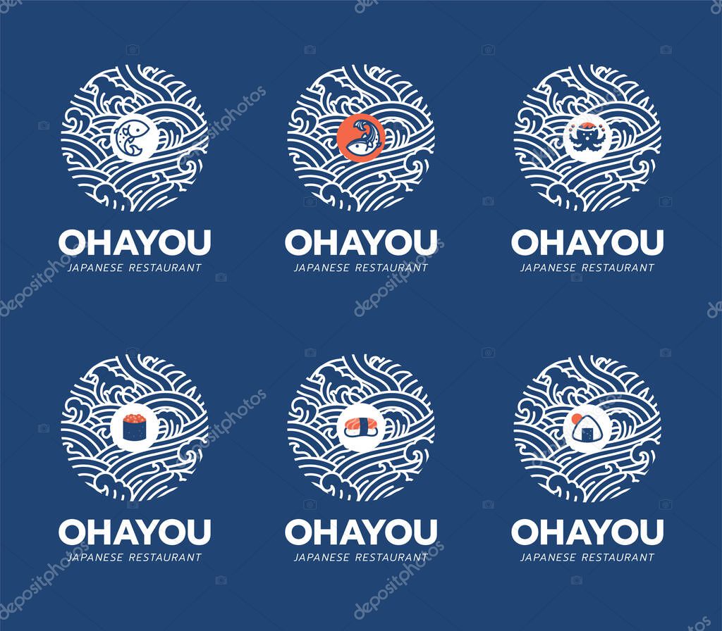 Japanese food and restaurant logo design template. Sushi, salmon fish, octopus,takoyaki icon and symbol isolated on water ocean wave. Ohayou means to 'Good morning' in Japan language.