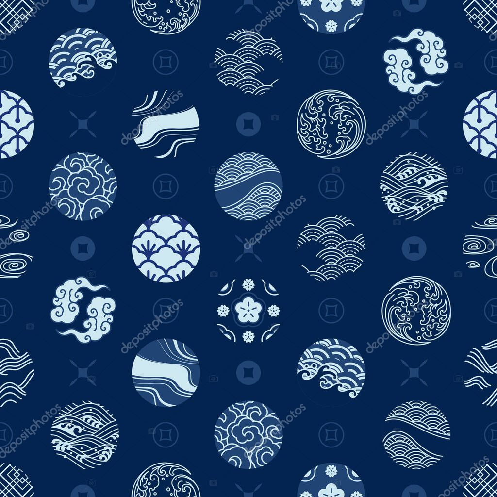 Japanese seamless pattern and wallpaper vector. Design for fabric print, cover book, background, textiles, decoration. Water wave, wind,cloud,porcelain,textiles,geometric vintage style