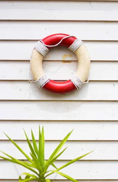 Decorative life preserver on rustic weather board wall, hanging on the side of a beach house