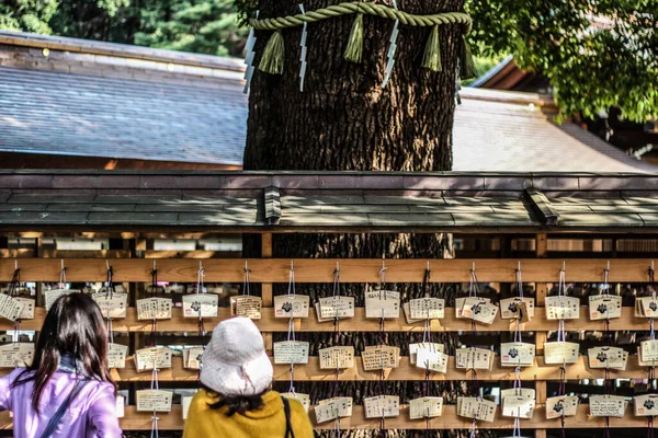 Люди Стоять Перед Дерев Яними Табличками Написом Ема Храмі Мейдзі — стокове фото
