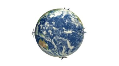 NASA'ın sitesinden detaylı bir harita dönen bir Dünya gezegeninin etrafında uçan uçak.