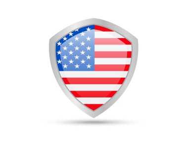 Beyaz arka plan üzerinde ABD bayrağı ile metal kalkan. Vektör çizim.