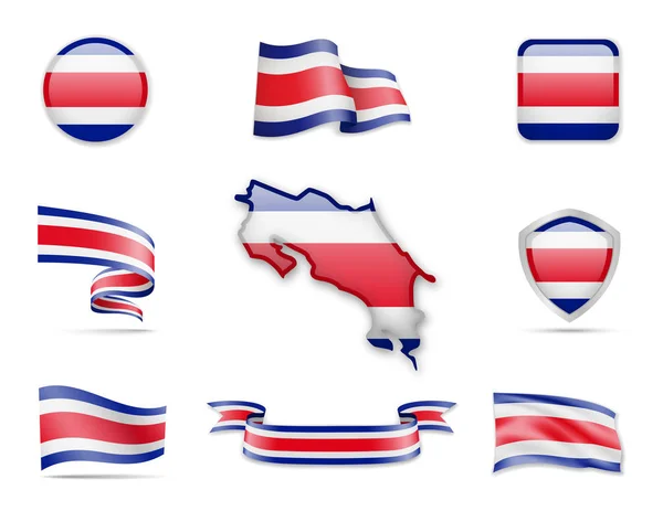 Costa Rica Vlaggen Collectie Vlaggen Contour Kaart Vectorillustratie — Stockvector