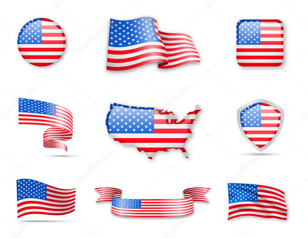 USA Flags Collection. Flags and maps. Vector illustration