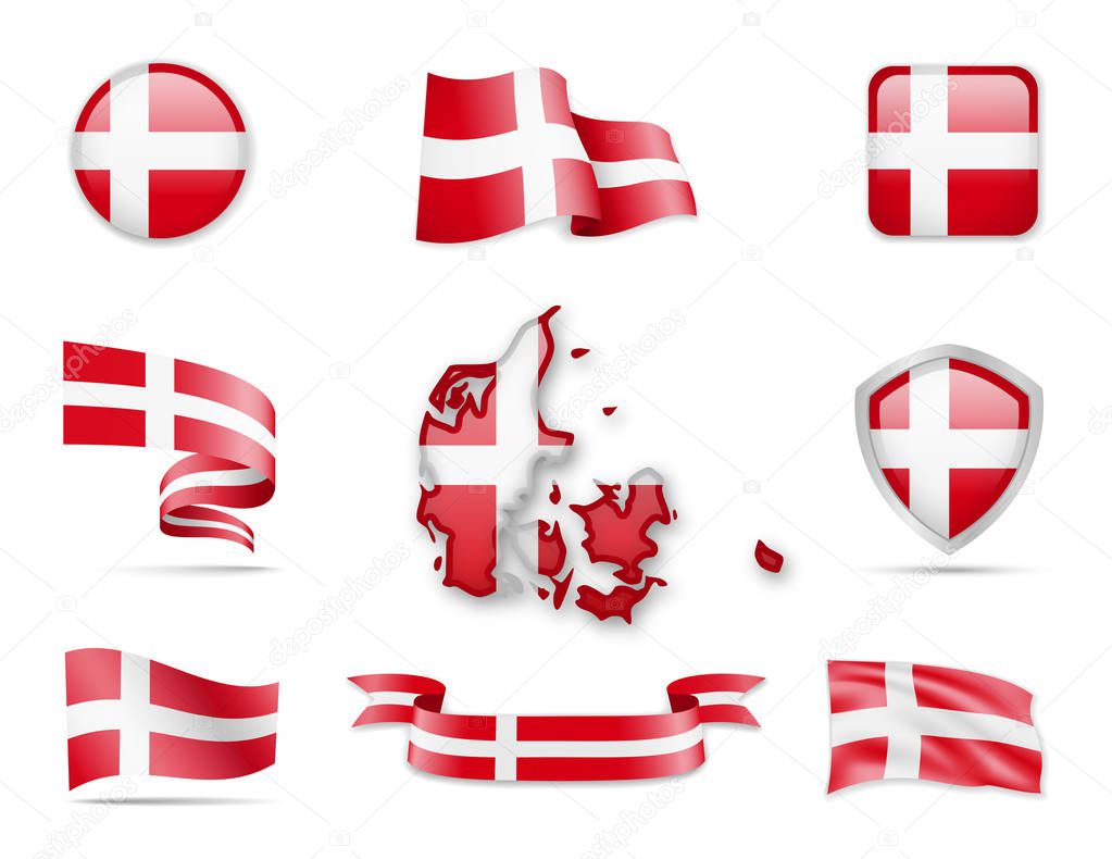 Denmark Flags Collection. Flags and contour map. Vector illustration
