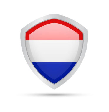 Beyaz arka plan üzerinde Hollanda bayrağı ile kalkan. Vektör çizim.
