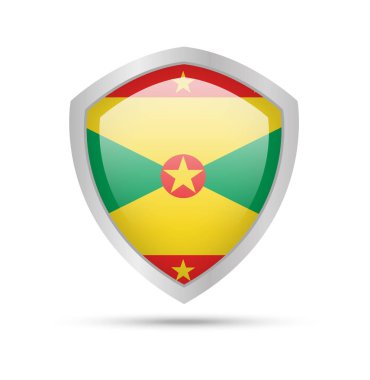 Beyaz arka plan üzerinde Grenada bayrağı ile kalkan. Vektör çizim.