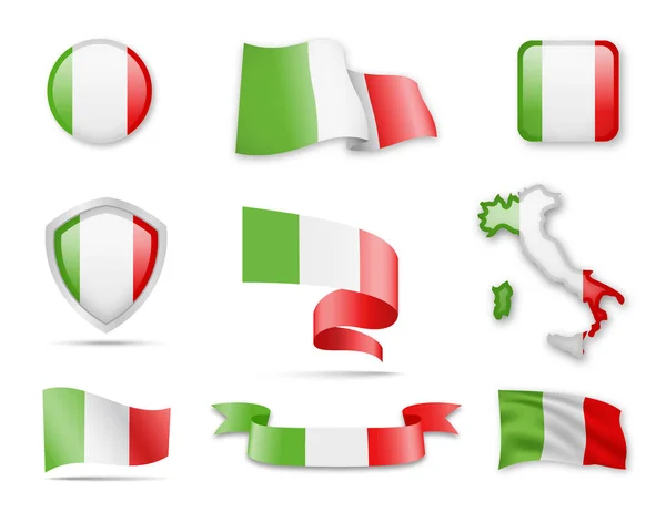 Kolekcja Flagi Włochy Flagi Mapę Konturową Ilustracja Wektorowa — Wektor stockowy