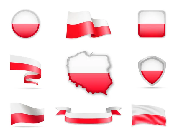 Collezione Poland Flags Bandiere Mappa Dei Contorni Illustrazione Vettoriale — Vettoriale Stock