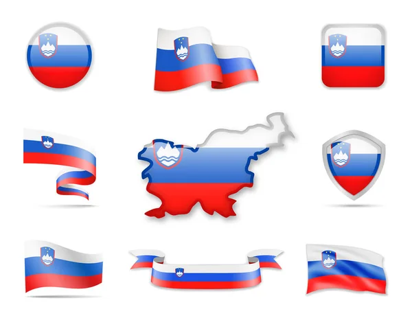 Szlovénia Zászlók Gyűjtemény Zászlók Kontúr Térkép Vektoros Illusztráció — Stock Vector