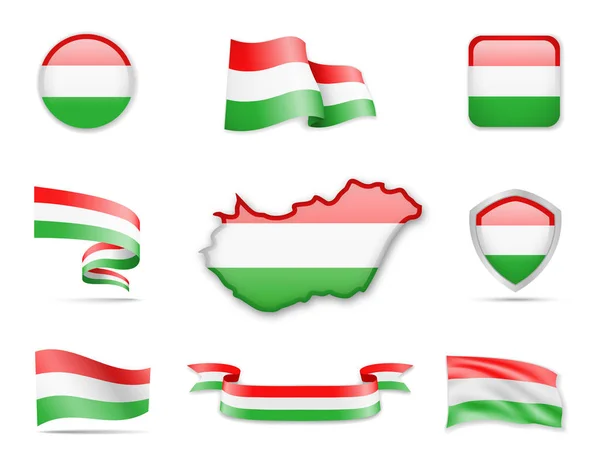 Kolekcja Flagi Węgry Flagi Mapę Konturową Ilustracja Wektorowa — Wektor stockowy