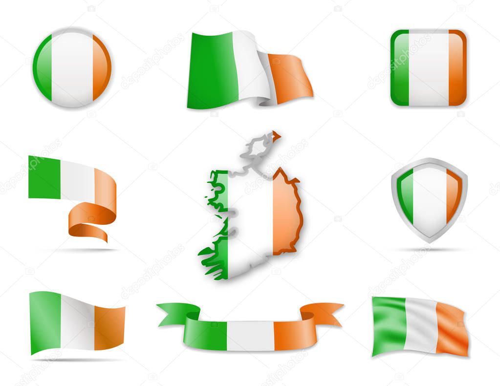 Ireland Flags Collection. Flags and contour map. Vector illustration