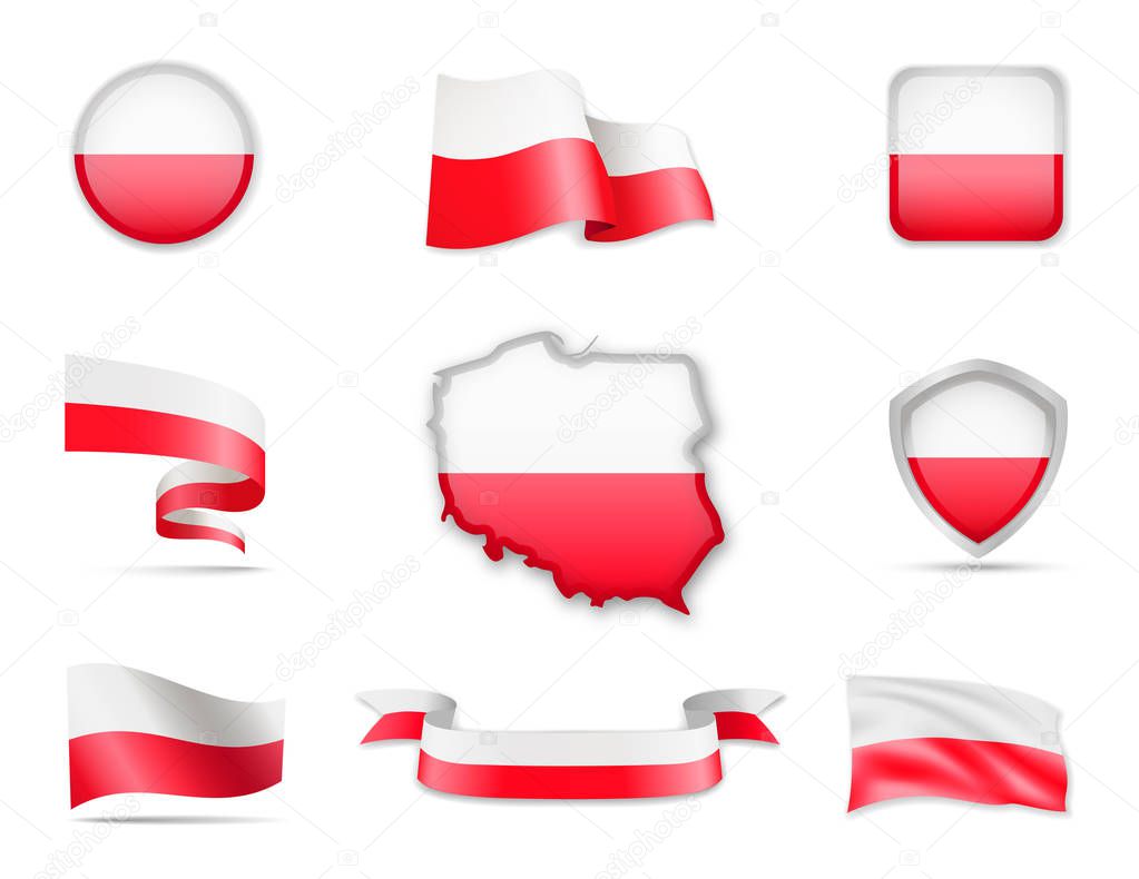 Poland Flags Collection. Flags and contour map. Vector illustration
