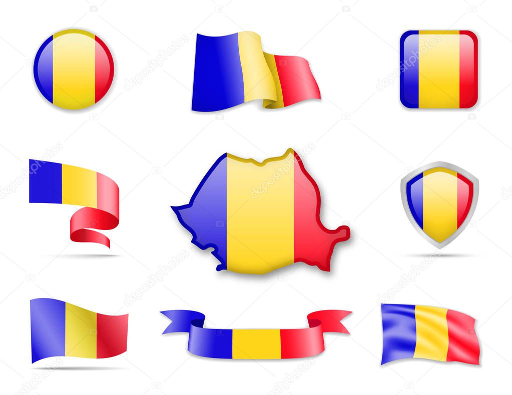 Romania Flags Collection. Flags and contour map. Vector illustration
