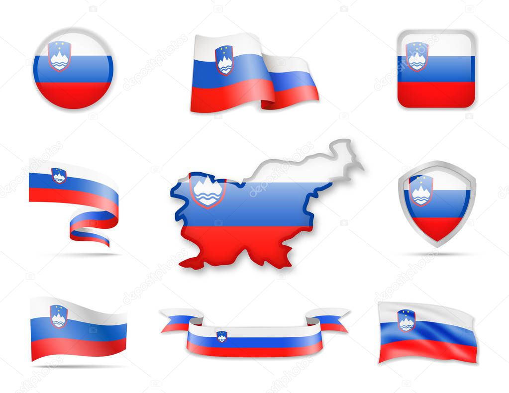 Slovenia Flags Collection. Flags and contour map. Vector illustration