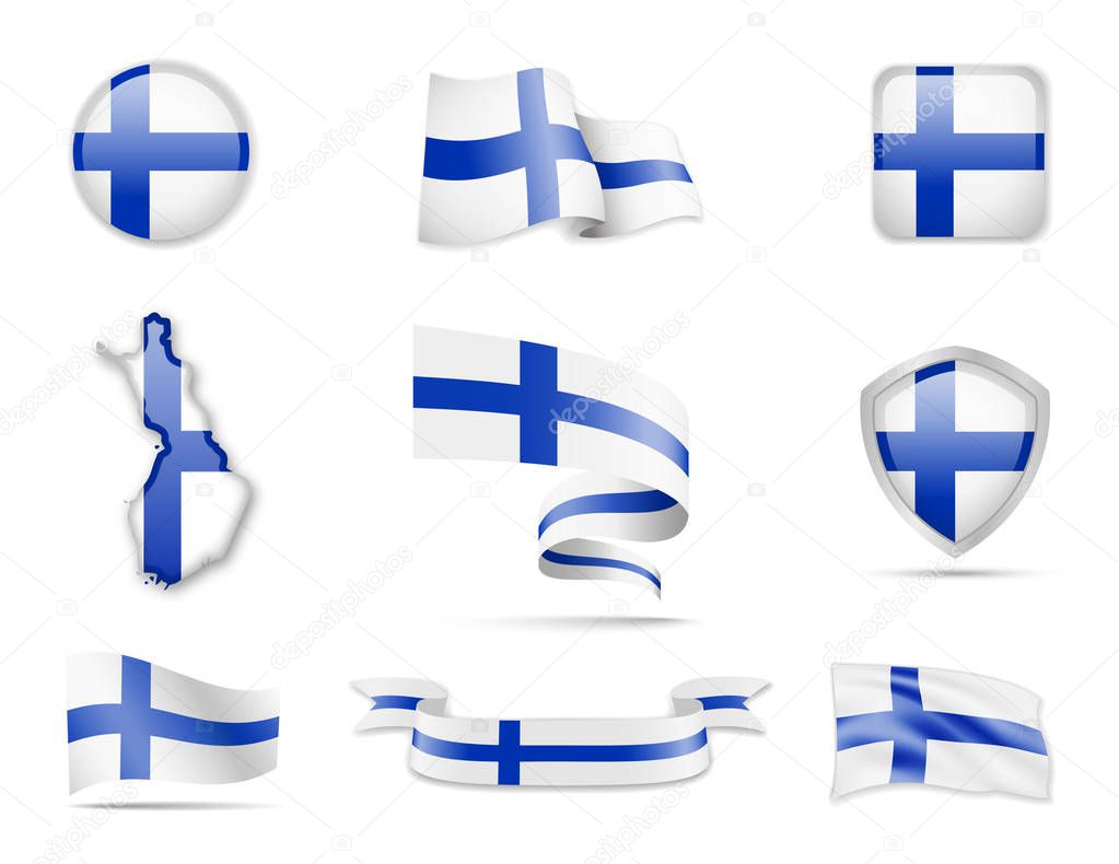 Finland Flags Collection. Flags and contour map. Vector illustration