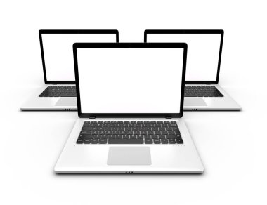 Üç dizüstü bilgisayarlar ile izole boş beyaz perde. Mockup laptop. Mockup tasarım ve Infographic için. 3D render