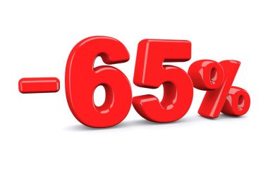 indirim işareti kapalı yüzde 65'i. Kırmızı metin üzerinde beyaz izole. 3D render