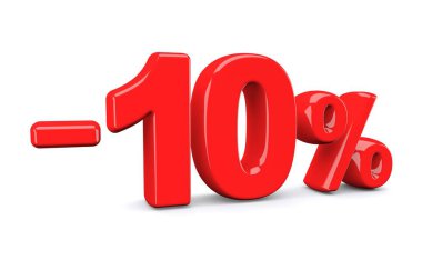 yüzde 10 indirim indirim işareti. Kırmızı metin üzerinde beyaz izole. 3D render