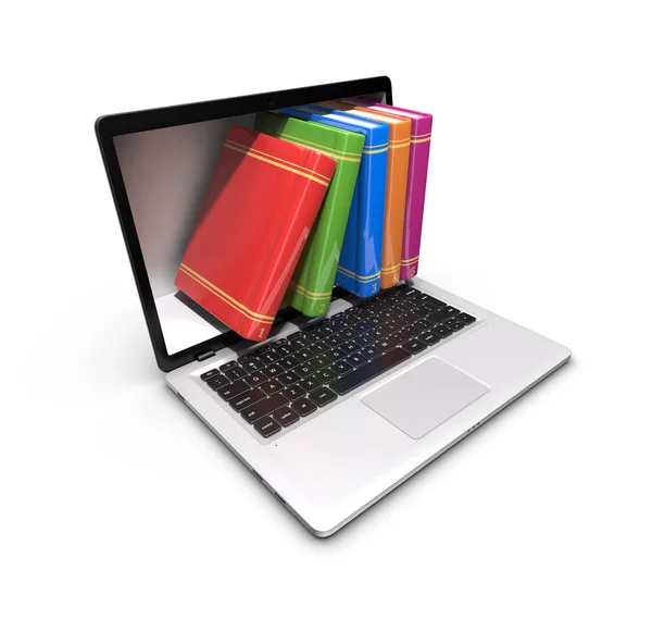 Laptop Med Böcker Vit Bakgrund Rendering — Stockfoto