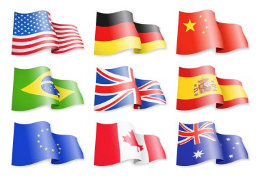 Beyaz bir arka plan üzerinde popüler ülkelerin bayrakları sallayarak. Almanya, Brezilya, İspanya, Kanada, ABD, Çin, Avustralya, Avrupa Birliği'nin Amerika Birleşik Devletleri