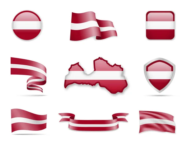 Collezione Bandiere Lettonia Bandiere Mappa Dei Contorni Illustrazione Vettoriale — Vettoriale Stock