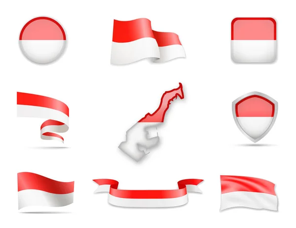 Monaco Flags Collection Bendera Dan Peta Kontur Ilustrasi Vektor - Stok Vektor