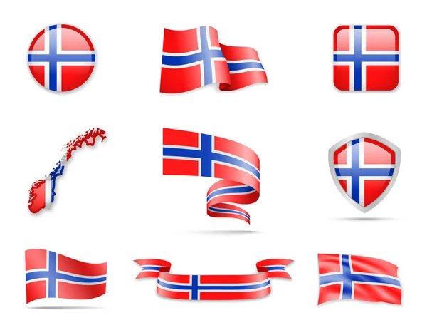 Norge Flaggor Samling Flaggor Och Kontur Karta Vektorillustration — Stock vektor