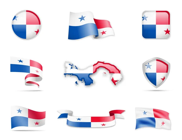 Colección Banderas Panamá Mapa Banderas Contorno Ilustración Vectorial — Archivo Imágenes Vectoriales