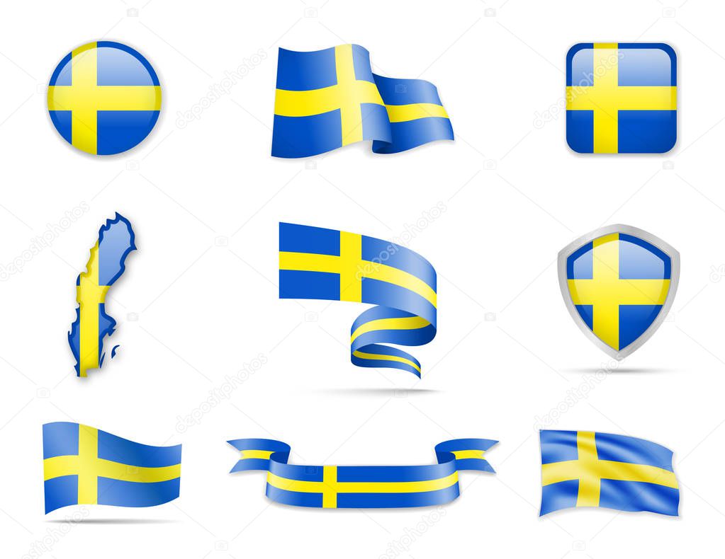 Sweden Flags Collection. Flags and contour map. Vector illustration