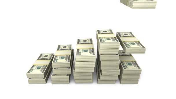 Growing Chart Stacks 100 Dollars Bills Five Stacks White Animation — Stock Video