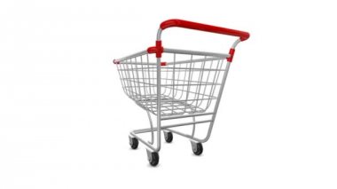 Beyaz bir arka planda döndürme ekseni etrafında alışveriş süpermarket arabası. Alfa kanalı animasyon mevcuttur