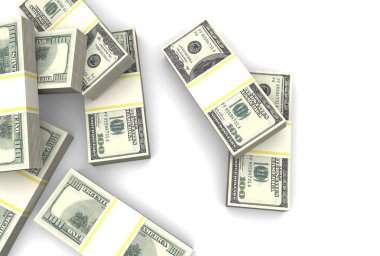 Yüz dolarlık banknotlar beyaz zemin üzerine yığını. Üstten görünüm.