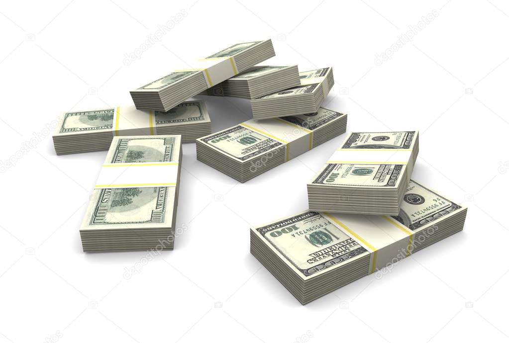 Bundles of hundred dollar banknotes on a white background.