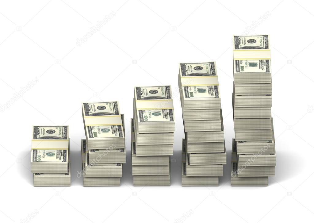 Diagram packs of dollars on a white background, orthographic projection. Profit growth concept.